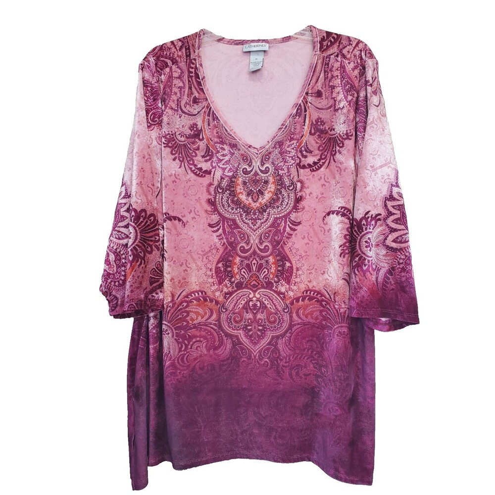 Catherines Velvet Studded Paisley V-Neck Hanky Hem Tunic Size 1X Boho